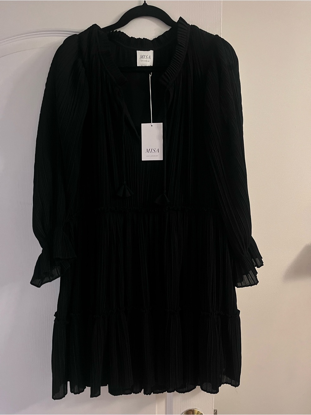 Misa Los Angeles Black Pleated Tiered Long Sleeve Mini Dress